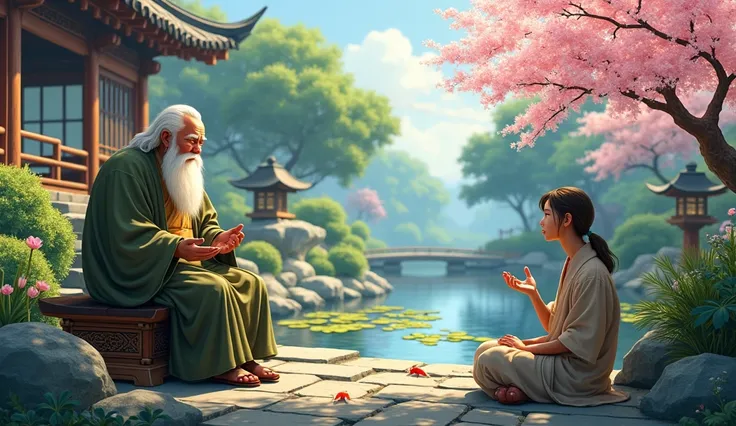 Create a high-definition, photorealistic illustration of a serene, ancient garden with lush greenery and traditional architecture. The scene features:

Foreground Characters:

A wise, elderly figure with a long white beard, dressed in detailed traditional ...