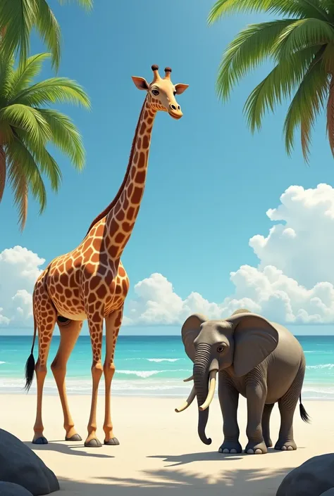 A giraffe and an elephant on a sunny beach