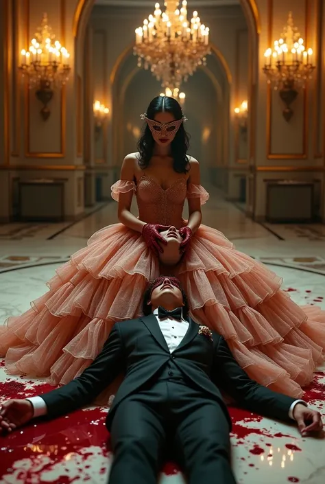 Woman wearing a layered, voluminous ball gown with big skirt, sitting on a magnificent, majestic ballroom floor, wearing a matching eye mask, covered in blood as she holds the head of a man in a tux who was shot in the chest and is bleeding out, man wearin...