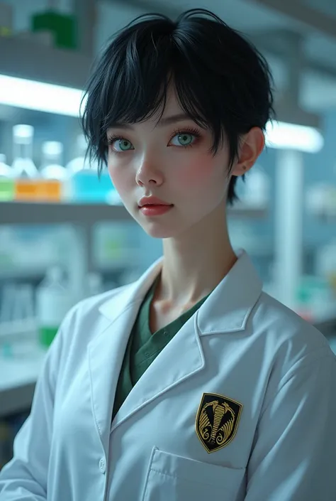 High definition, Researcher Outfit , black short hair,Laboratory , Eyes Green,Germanic people,white,Viper 