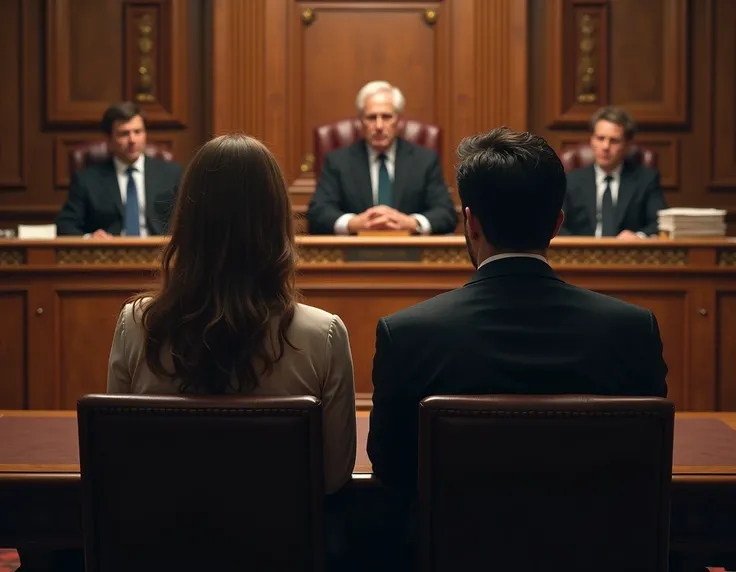 a man and a woman are sitting in a divorce court, in front of them are several judges, with a courtroom in the background