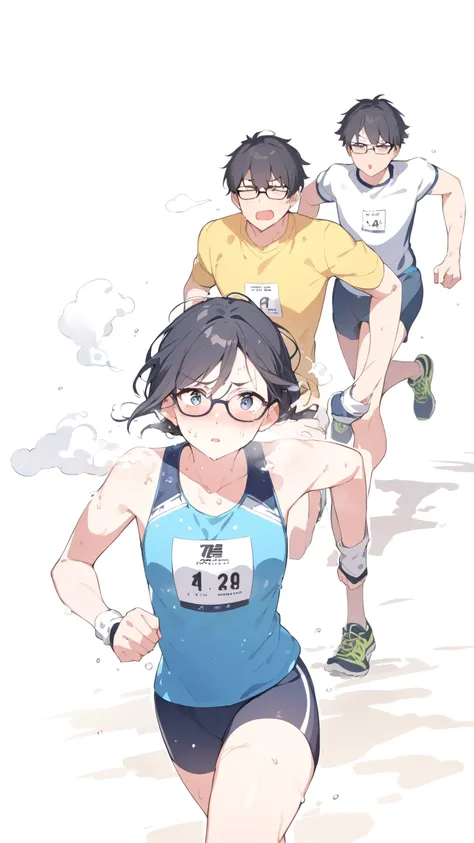 Black hair, glasses, marathon running, sweaty, steam coming off body