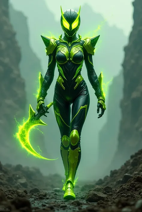 **(( create an image about a character walking in an apocalyptic landscape ))**
Kamen Rider Radiation (Radioactive pollution ):
 A female Kamen Rider with a radiant and deadly design ,  your armor is semi-translucent ,  with shades of bright neon green tha...