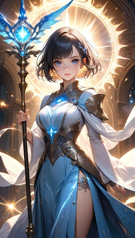 ultra-realism, fantasy art, very beautiful and young new appearance, lens flare, The beautiful wizard holding a magical staff, Assuming a defensive stance with the staff, from front, cowboy shot, look at viewer, (cute, sexy, adult), beautiful and intellect...