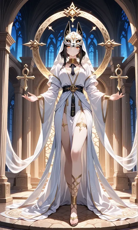  ((masterpiece, best quality)) (1girl) A solemn goddess with jet-black hair and glowing gold eyes, her face partially covered by a jackal mask. She wears a flowing white gown with intricate gold detailing, and in her hand, she carries an ankh glowing with ...