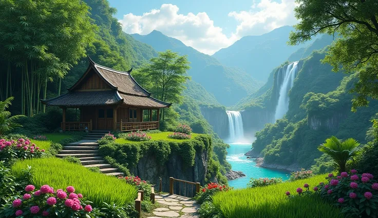 vietnam plants hut at the denses junggle with rice plants field and Stone path, bamboo tree , Stone fences, colorful aster flowers stairs, big waterfall, mountain, cascading from a high cliff into a crystal-clear blue river, colorful flower rose garden, sm...