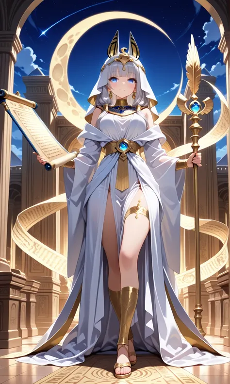 ((masterpiece, ultra detailed)) (1girl) A serene goddess with flowing silver robes, her head adorned with a crescent moon crown. She holds a golden quill in one hand and an ancient scroll in the other. Her eyes are filled with knowledge, glowing softly as ...