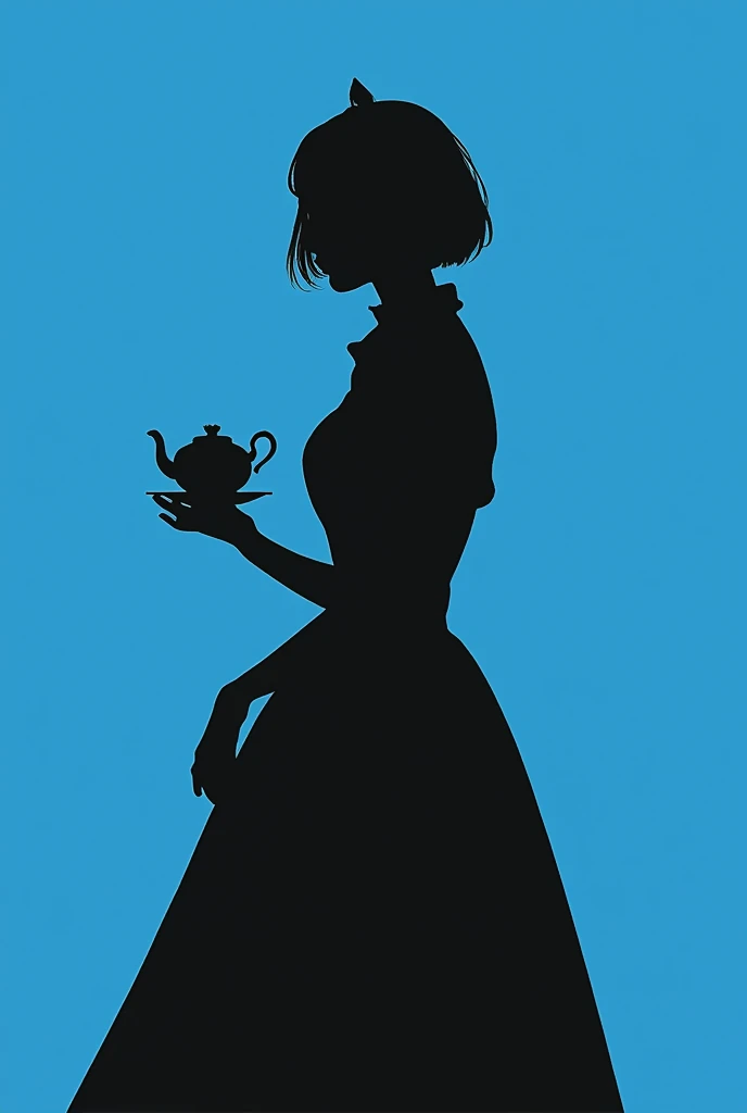  black silhouette art that extends below the waist、 young woman、Full body jet black 、white short bob、 Victoria Maid 、 minimalist、Blue background、Long, narrow eyes:1.3、 eyelash 、Teapot、Pour tea into a teacup