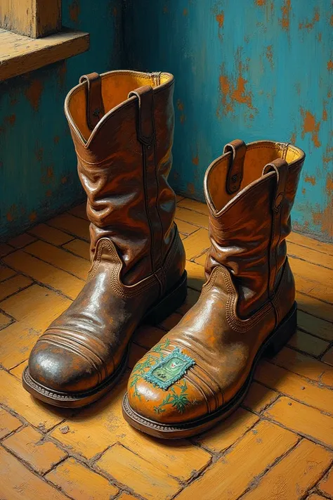 Un tableau style van gogh.  From the boots placed on a parquet floor with one of the shoes lying down so as to see the sole. The shoes are brown and a work by Van Gogh is painted on part of the shoe 