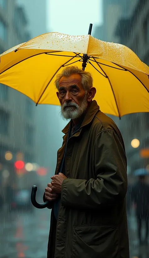 An old man is holding a yellow umbrella while it rains and in the back he is blurry in the city. 