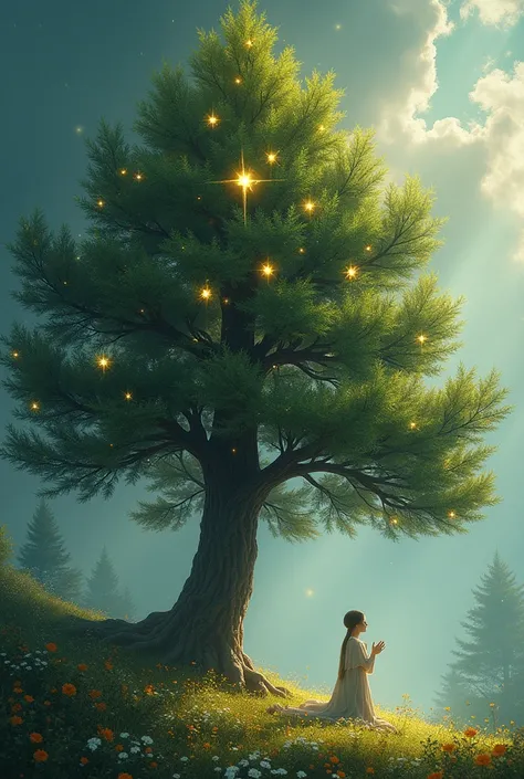 An image with a pine tree with golden stars with some flowers at its base and a  in a prayer pose 