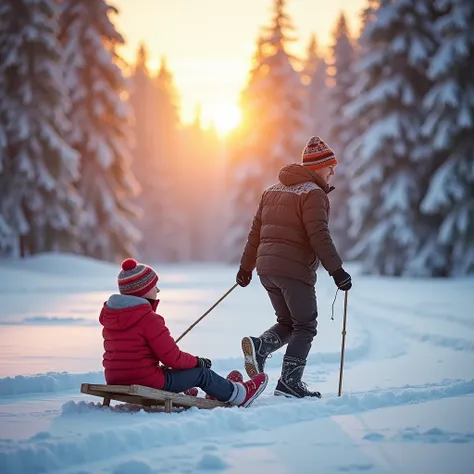 Father drags his ren across a snowfield in a sled, Winterwald,  sunset , Snowflakes, White forest