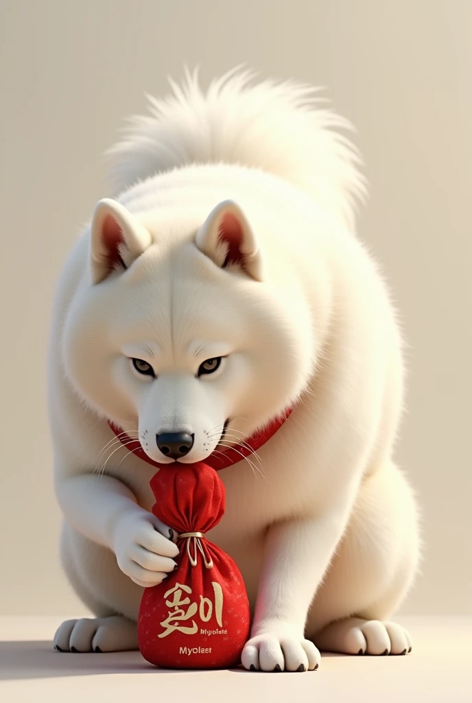 A big white Japanese dog is chewing on a New Years gift pouch。Red collar ＭＹＯPlate with letters 。