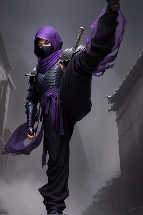 masterpiece,best quality,Alone,tall and thin ninja character,Draw clothes in detail,(wearing minimal ninja armor,scarf,Masked,that is dark purple black),((his dynamic  kick pose)),standing on the steps of temple,he is holding a cane sword,dark and moody at...