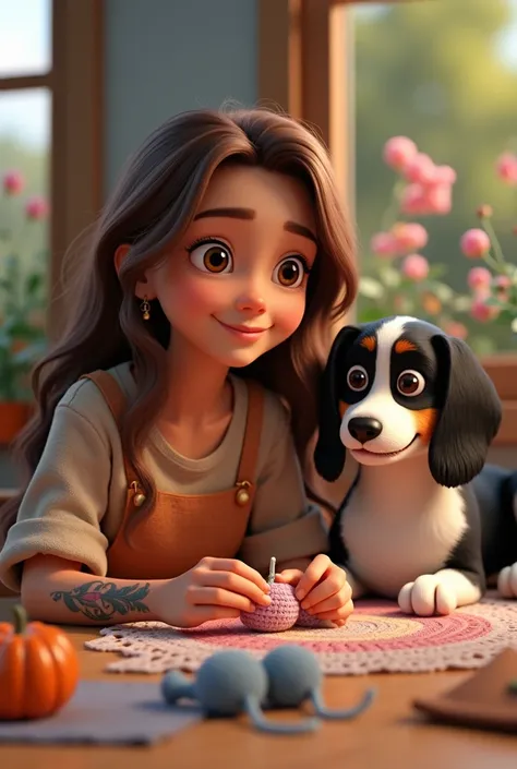 Cute girl with loose brown hair with  , tattoos crocheting with a black and white hound dog pixar 3D story