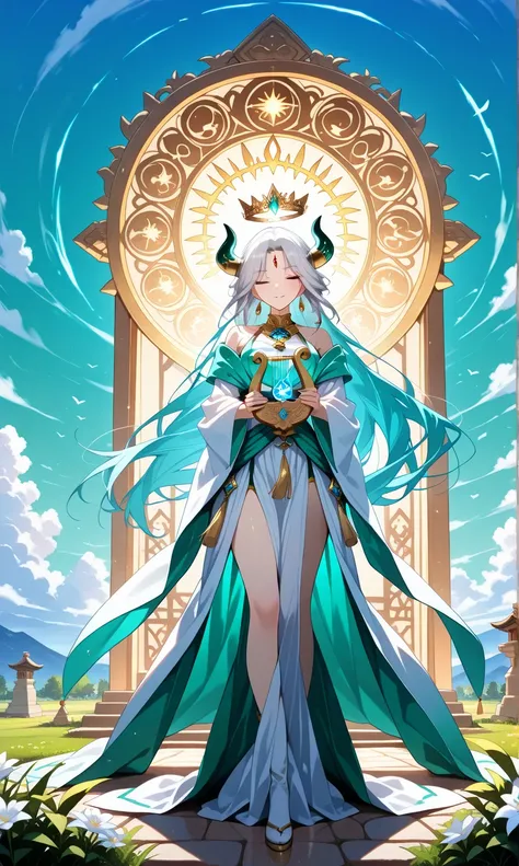  ((masterpiece, ultra detailed)) (1girl) A radiant goddess with long flowing hair, her skin glowing with an inner warmth. She wears a crown with the sun disk and cow horns, symbolizing her divine connection to joy and love. Her robes are decorated with gol...