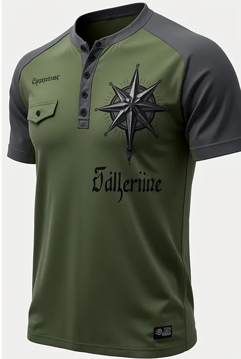 two-color military style t-shirt, Green and Gray, with short sleeves and trim on the collar with two buttons for adjustment, and on the left side a wind rose with the name on it *Captain* and below *BAKETIWE * in black and dark gray, with gothic and cursiv...