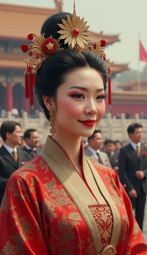  A beautiful gigantess with an elongated, plump face with a European eye shape in the makeup and attire of the Chinese Empress bows to the people with a smile in Beijings central square, scaring people ;  oil painting