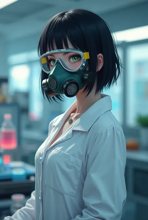 High definition, Researcher Outfit , black short hair,Laboratory , Eyes Green,pretty,white,Wearing a gas mask