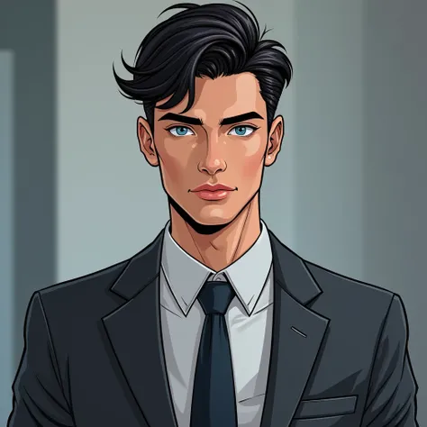 Create a portrait in a comicbook style  featuring Alexander Chamberlain, a strikingly handsome 19-year-old young man. He has dark, neatly styled hair that contrasts with his piercing blue eyes, which are filled with intensity and charisma. His features are...