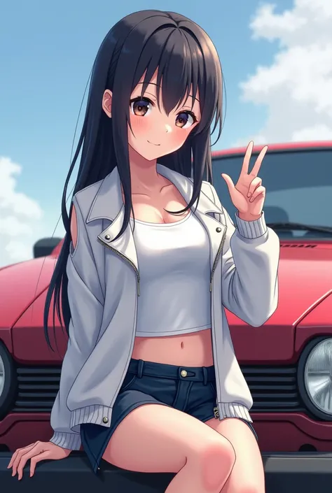 An anime girl with a rather long face, a thin smile, dark dark hair on the back, downward gaze direction, one hand posing peace, wearing a white jacket with open zippers and a white crop tank top, and the other hand behind, she is sitting in front of the c...