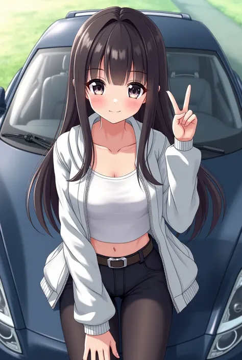 An anime girl with a rather long face, a thin smile, dark dark hair on the back, downward gaze direction, one hand posing peace, wearing a white jacket with open zippers and a white crop tank top, and the other hand behind, she is sitting in front of the c...