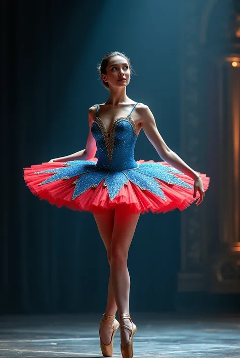 A sexy ballerina in a large sparkly blue and red performance tutu stands with her legs crossed looking forward.