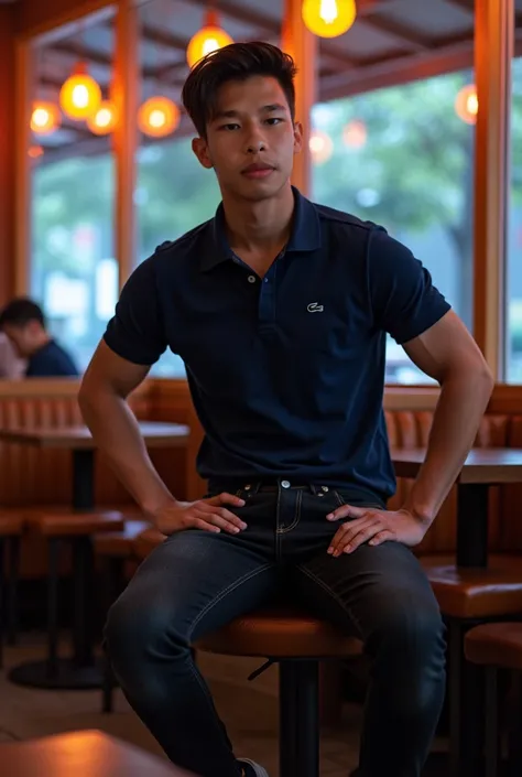 Real picture, natural light , ((realistic daylight)) , Korean man with very short hair ,Big arm muscles,  tight breasts ,  Muscle Bundle, The 20-year-old wore a navy polo shirt with a lacos logo. ,  black jeans, 20-year-old Converse shoes  , Sitting in a h...