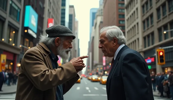 "An intense and dramatic scene featuring an old Asian homeless man confronting a wealthy billionaire in a bustling American city. The homeless man looks fierce and determined, pointing his finger at the billionaire, who appears shocked and defensive. The b...