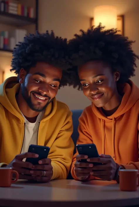 Two black-skinned friends ,  with cell phones in their hands reviewing movies on Letterboxd 