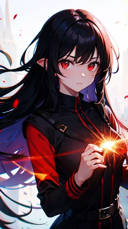 1 girl, black hair, red eyes, fire witch, blood, light particles, light rays, wallpaper, high contrast, colorful,, Mysterious