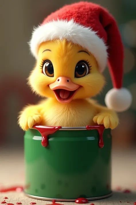 ((best quality)), ((masterpiece)), (detailed), perfect face"A cute little red duckling inside a green paint can with paint dripping over the rim of the can, wearing a festive red Santa hat with white trim. The duckling has big, expressive eyes with long ey...