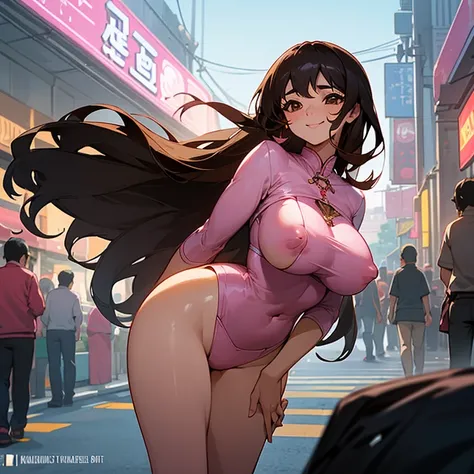 two 20 years old southeast asian teenagers, long dark hair, blow by the wind, big round brown eyes, perfect big voluptuous boobs, pink nipples, perfect body, in the street market, cute smile, at night