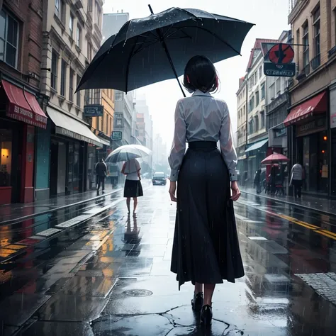 From behind view of A young woman is walking away in the rain and using an umbrella. She is wearing a pattern blouse and long skirt.