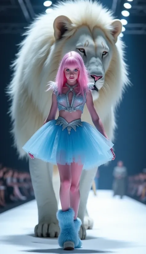 A  girl with pink-white skin, wearing a blue short skirt with an outstanding fashion style. The dress has a flowing design, the top is embellished with sparkling details, and the girl wears furry boots in the same color as the dress.
The girl is walking on...