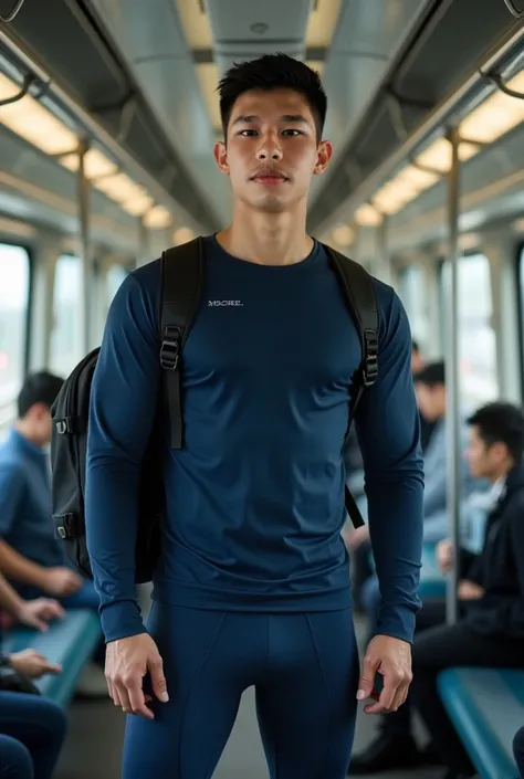 ((Korean Man Wearing Navy Long Sleeve Round Neck Sports Shirt)) ,  ((( tights ))), (((Men with short hair))), (((, big muscles, big torso))), (((Seductive fit body ))), ((Short Hairstyle))), (( On the train)), daytime , black backpack 