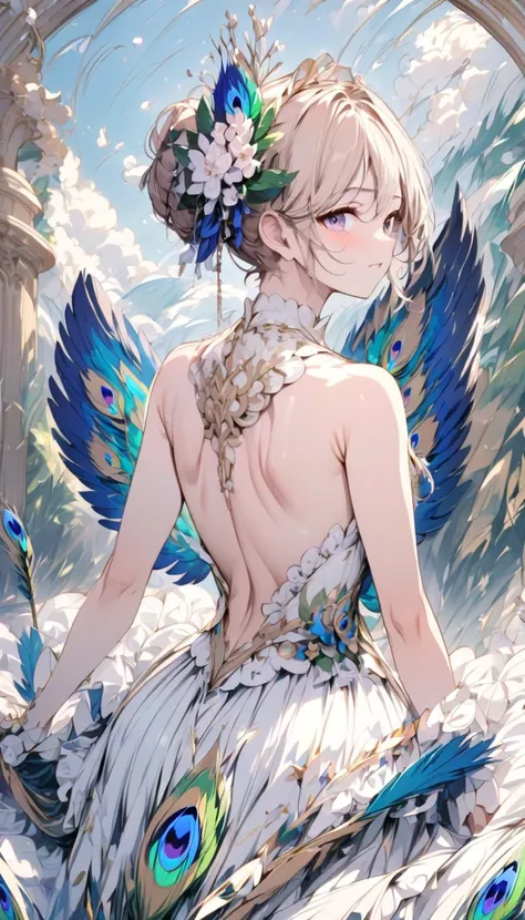 (((Best quality, 8k, Masterpiece: 1.3)), ((best quality)), ((masterpiece)), (detailed), perfect face, (detailed skin:1.3), Girl with peacock feathers on her back, Peacock feathers spread wide