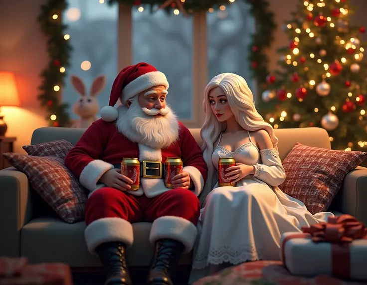 Santa Claus and Snow Maiden sit on the sofa in a decorated apartment in front of the TV and drink beer from a tin can