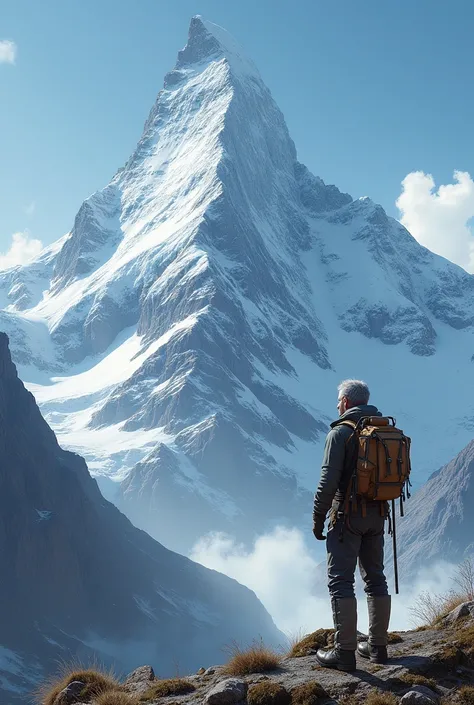 the man standing at the bottom of a mountain, staring at the peak