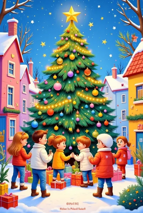  people standing in front of a Christmas tree holding presents, an illustration of by senior artist, shutterstock, Simple Art, Festive atmosphere,  A bustling magical town , artwork, Santa&#39;s Workshop, official illustration, Festive, a beautiful artwork...