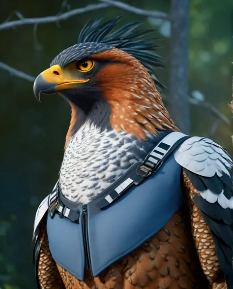 Ornate hawk eagle, anthropomorphic, male, Fat body, extremely Round belly, big breasts, Big buttocks, detailed brown eyes, Dark blue plumage, dark blue braids on the hair, Crest Of black feathers, Brown plumage with white, Wearing a gray sports suit with w...