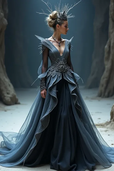 The Pluto-inspired haute couture gown exudes haunting, ethereal beauty, perfectly capturing the planet’s mystique and distant isolation. The bodice is a sculptural blend of frosted silver, deep charcoal, and smoky quartz fabric, with cracked, vein-like emb...