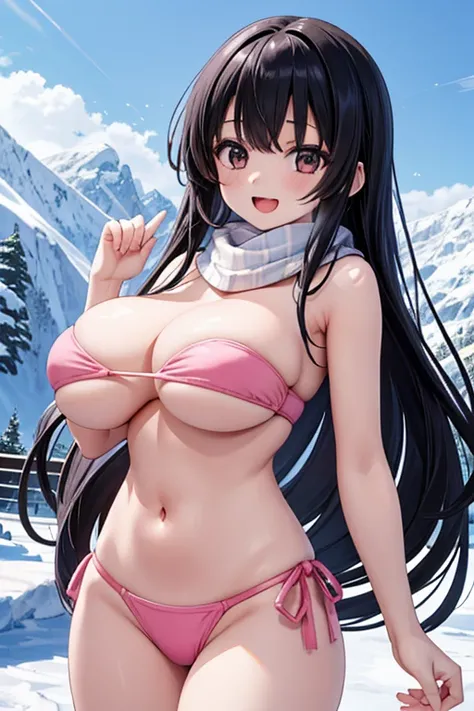 1 girl, anime screencap,score_anime, best quality, masterpiece, ultra high res, cute, shiny skin, pink bikini, strapless, (navel:1.2), midriff, bare stomach, underboob, huge breasts, long hair,  black hair, black eyes, scarf, smile, open mouth, snowy mount...