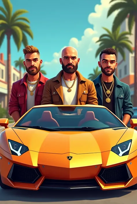 An animated art cover of 3 boys , one with bald head and a full on beard , one with no beard only a mustache and a fade and one with an upper cut and they should all be wearing expensive clothes , expensive jewellery and they should also be riding in a Lam...