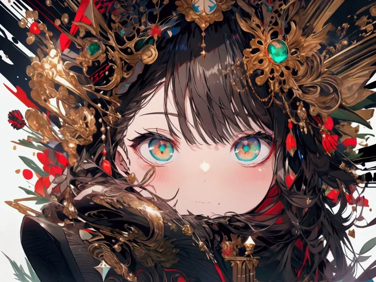 ( Masterpieces, Top Quality ),( Top Detail ),1 girl,  cute looking, emerald eyes , Long hair,black ,Red highlights,ใส่ชุดเดรสblack ,Gold Necklace ,ผ้าคลุมblack, มีวงกบมอยู่เหนือหัวblack,ปีกblack, wearing boots ,black,The magic book ,( float),(ร่างกายของตัว...