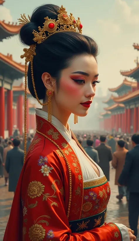 A curvy European giantess with an elongated face  ,   with broad cheekbones and a dimple on her chin wearing the Chinese Empresss makeup and clothes,   bows to little people with a smile in Beijings central square ,  ;  horror art ,   oil painting