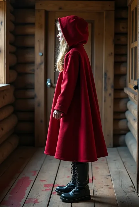  Adult Little Red Riding Hood wearing black military boots entering a rustic wooden cabin, On the floor of the cabin there are red spots on the wood ,  closed plane at the height of the floor from right side view ,  Hyperrealistic image  