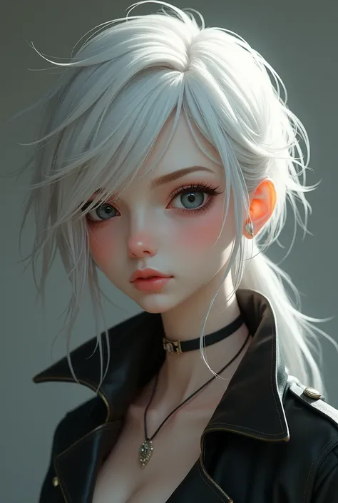 (masterpiece, best quality), intricate details, thin, ((slim))‚cute girl, Light white hair, white skin, light black eyes, sharp jawline, cropped jacket, messy hair, lips, upper body, smirk