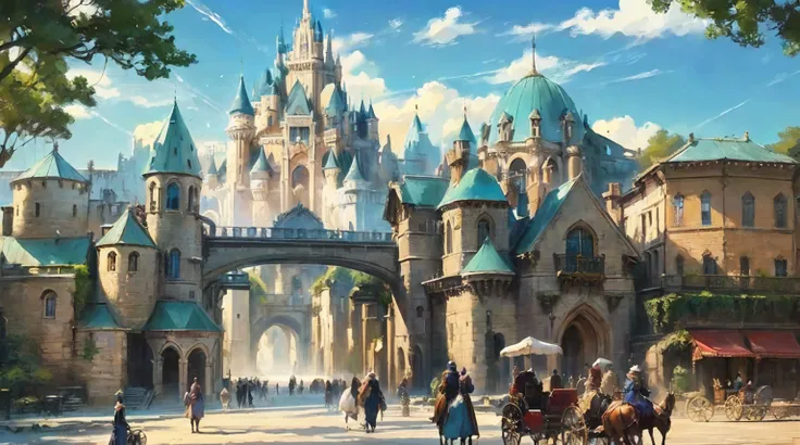 There is a painting，The painting is a castle and a carriage,  Disney concept art ,  Kaladesh conceptual art . Mechanical,  Disney concept art ists,  conceptual art , Fantasy City,  A bustling magical town , Magic concept art,  medieval fantasy town ,  in t...