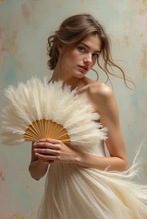 “A striking and elegant composition, blending the sensual power of Antonio Mancini with the ethereal delicacy of Agnes Cecile, portraying a breathtakingly beautiful woman. She holds an ostrich feather fan in each hand, her posture graceful and poised, allo...